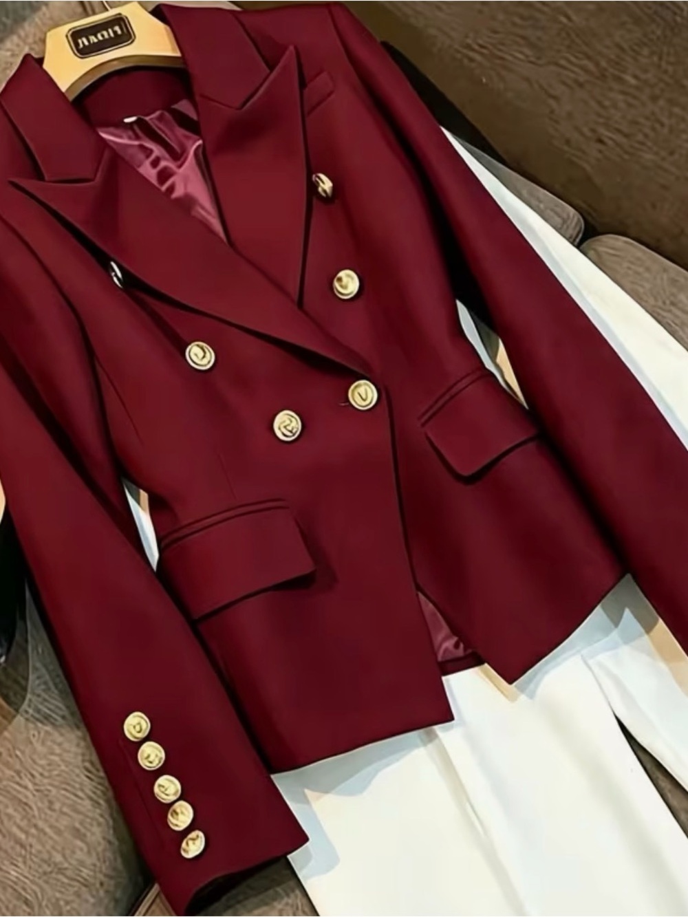 Elegant Women's Double-Breasted Burgundy Blazer Jacket